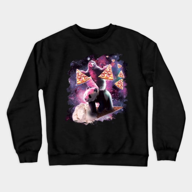 Space Sloth With Pizza On Panda Riding Ice Cream Crewneck Sweatshirt by Random Galaxy